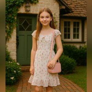 Taboo Floral Cottagecore Dress Girls M White Pink Chiffon
